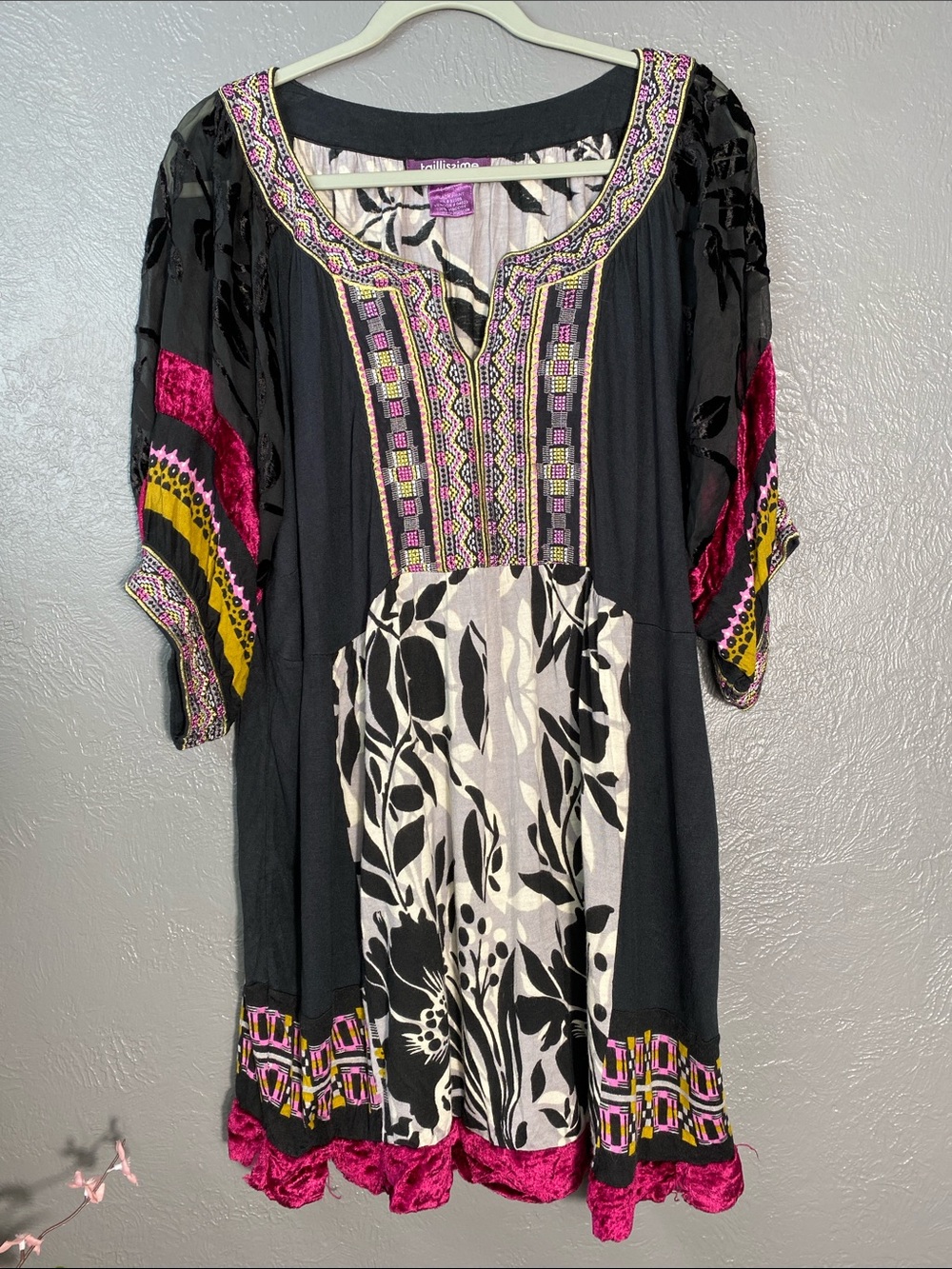 Taillissime Embroidered Velvet Trim Tunic Dress 20W Boho Artisan Eclectic